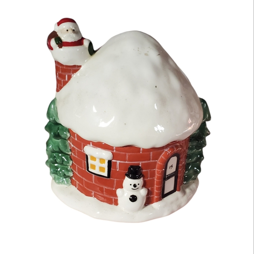 Vintage snowy brick house Christmas cookie jar